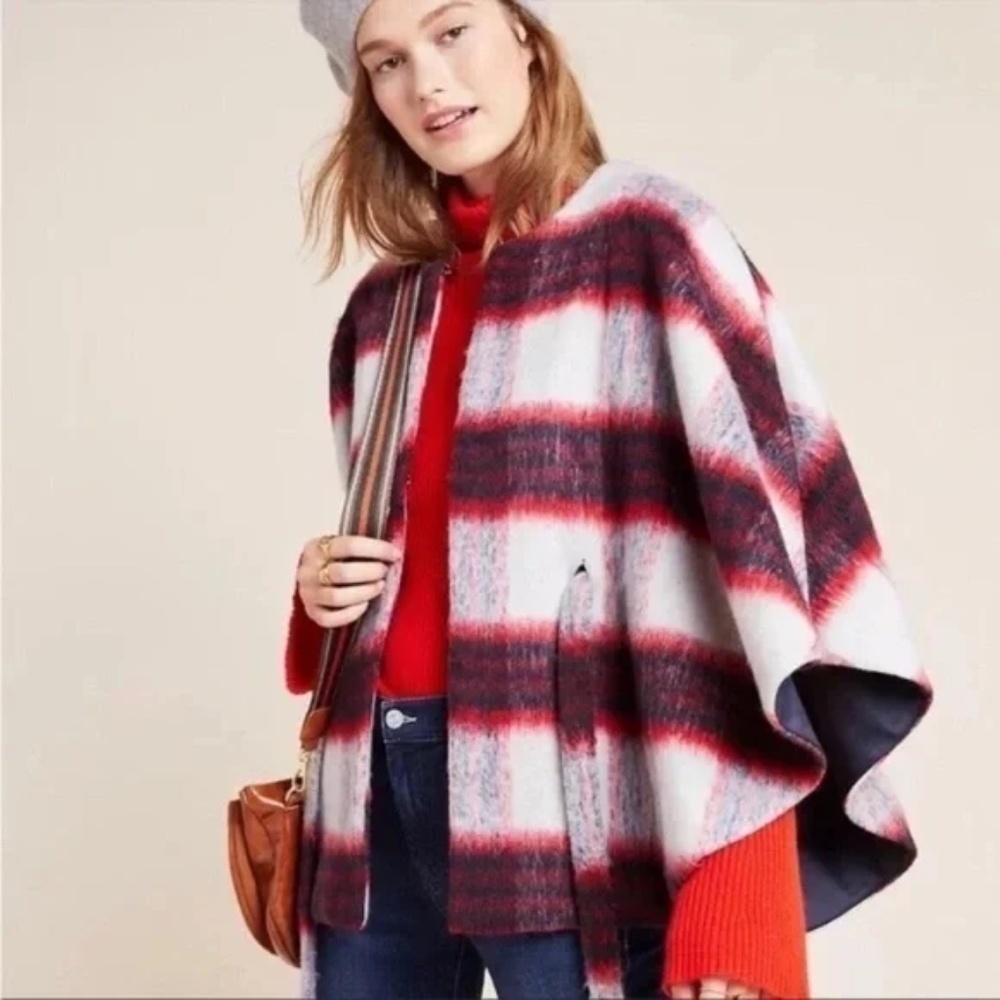 ANTHROPOLOGIE Anderson & Lauth Blue Plaid Brushed Wool Poncho Belted Cape O/S